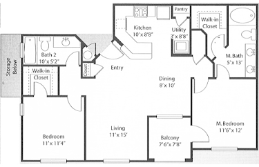 Floor plan for 2 beds, 2 baths, 1022 sqft